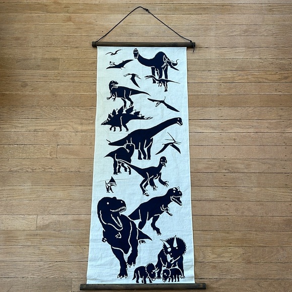 New Japanese Tenugui artisan dinosaur print cotton wood scroll wall hanging art - Picture 9 of 9